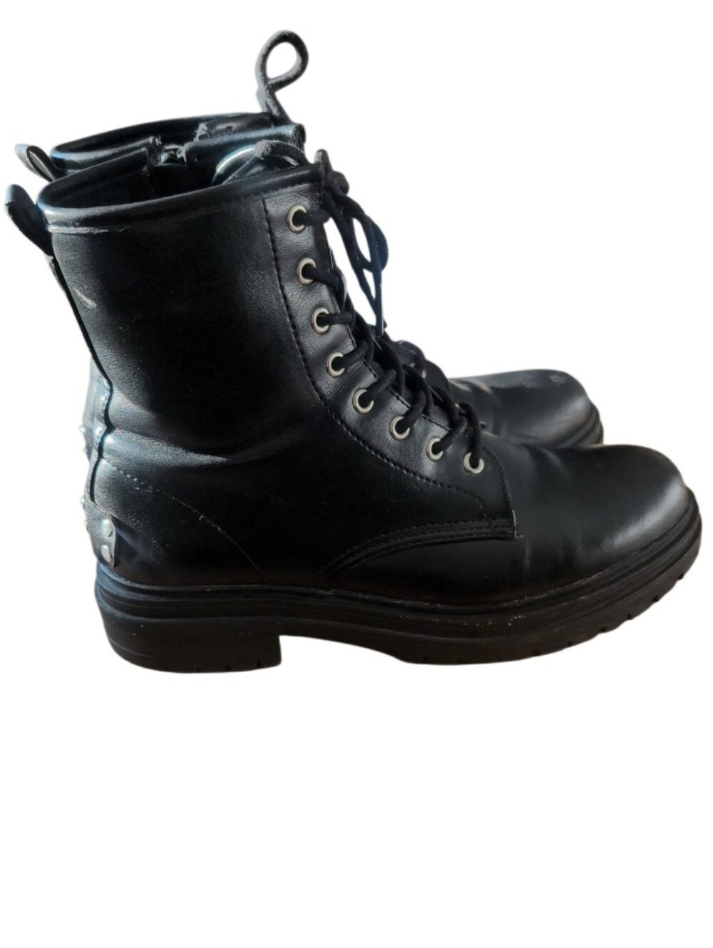 Steve Madden Women’s Black Combat Boots Lace Up Side Zip Ankle Biker Boots - Picture 3 of 7